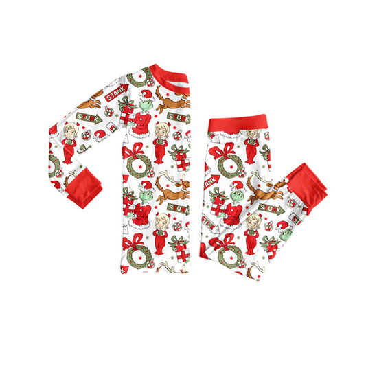( Moq 5 ) Preorder Baby Girl Long Sleeves Green Face Holly Shirt Pants Christmas Pajamas Set