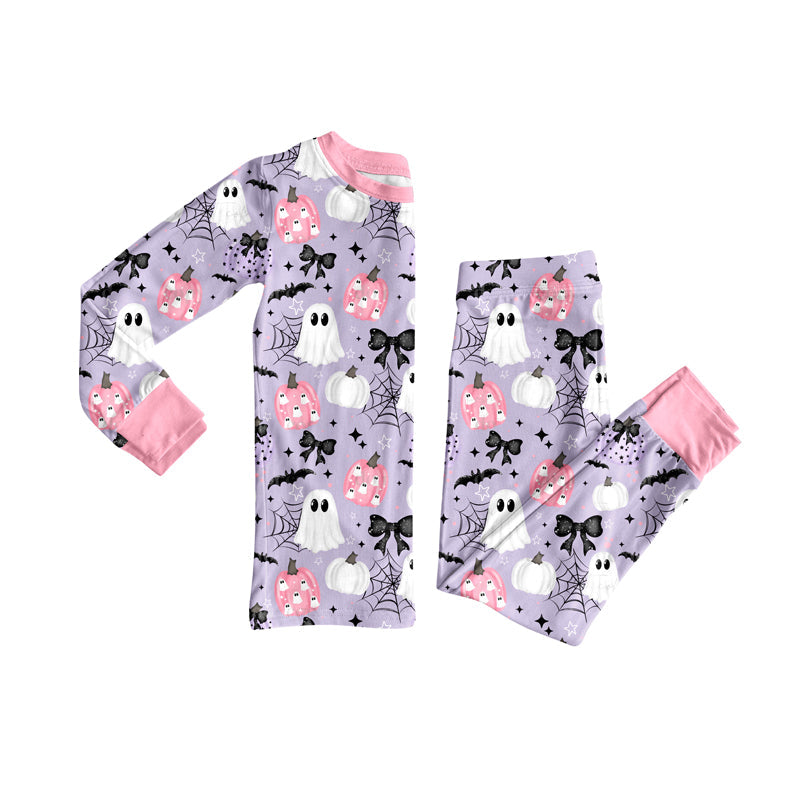 ( Moq 5 ) Preorder Baby Girl Long Sleeves Ghost Pumpkins Bows Shirt Pants Halloween Pajamas Set