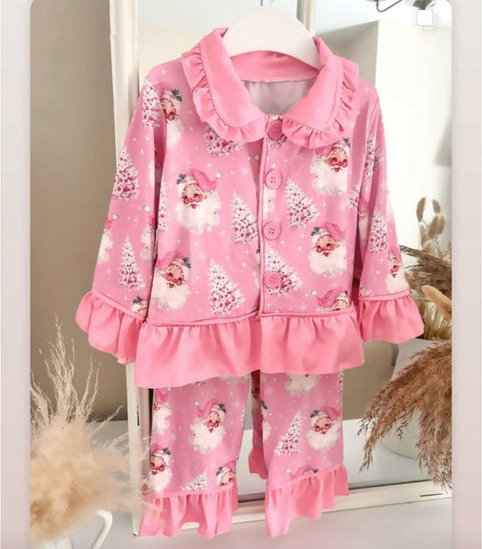 ( Moq 5 ) Preorder Baby Girl Toddler Long Sleeves Santa Buttons Shirt Pants Christmas Pink Pajamas Set