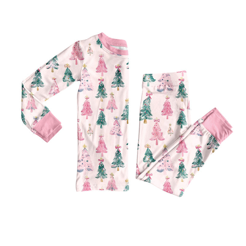 ( Moq 5 ) Preorder Baby Girl Long Sleeves Trees Bows Shirt Pants Christmas Pajamas Pink Set