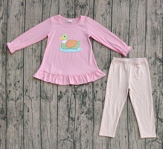 ( No moq ) Preorder Baby Girl Pink Long Sleeves Embroidery Duck Tunic Stripes Pants Clothes Set
