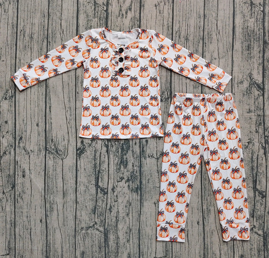 ( No moq ) Preorder Baby Girl Long Sleeves Pumpkins Bows Shirt Pants Fall Pajamas Clothes Set