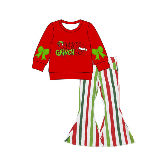 ( Moq 5 ) Preorder Baby Girl Bows Long Sleeves Merry Christmas Red Shirt Stripes Denim Pants Set