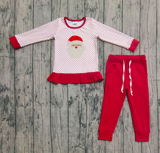 ( No moq ) Preorder Baby Girl Long Sleeves Embroidery Santa Dots Ruffle Shirt Pockets Pants Christmas Set