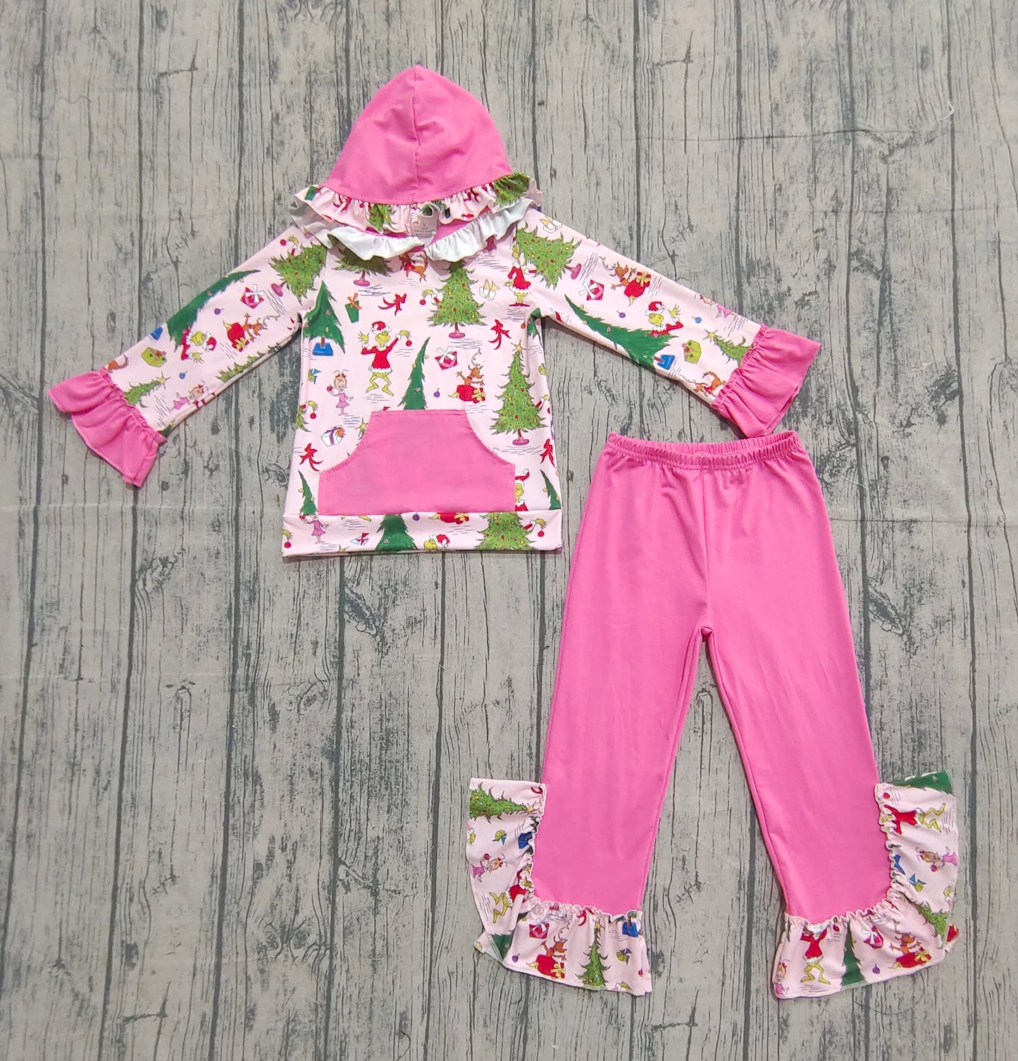 Baby Girl Long Sleeves Green Face Tree Hoodie Pocket Shirt Pink Pants Christmas Set RTS