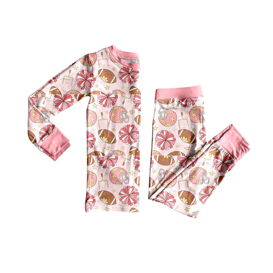 ( Moq 5 ) Preorder Baby Girl Pink Long Sleeves Football Cheer Flower Shirt Pants Pajamas Set