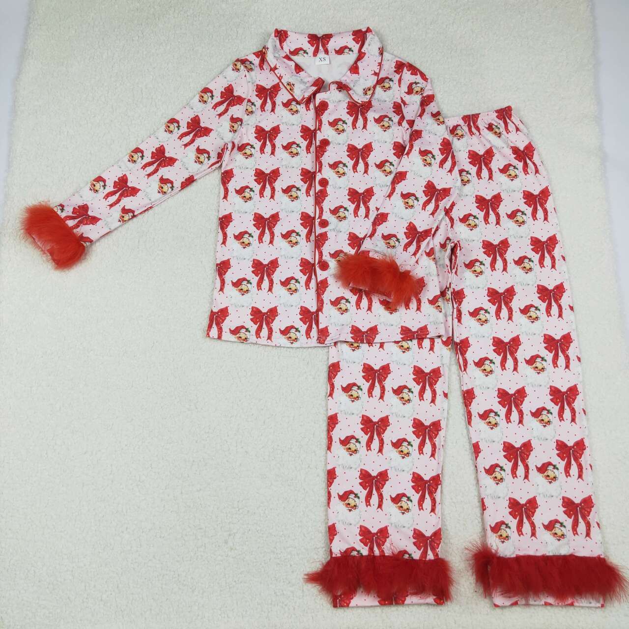 Sibling Girls Kids Adult Woman Red Fur Bows Santa Buttons Pajamas Mama and Me Family Christmas Set RTS