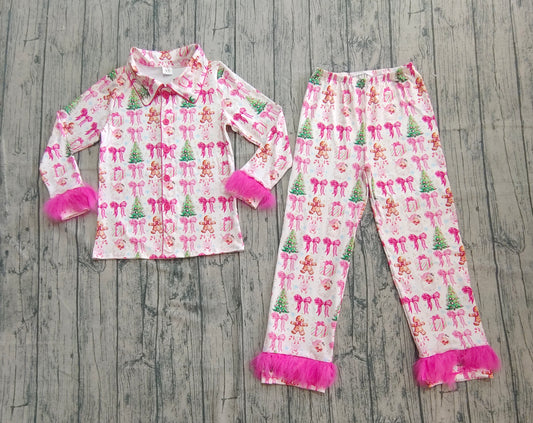 ( No moq ) Preorder Adult Woman Pink Fur Long Sleeves Gingerbread Tree Bows Buttons Shirt Pants Christmas Pajamas Set