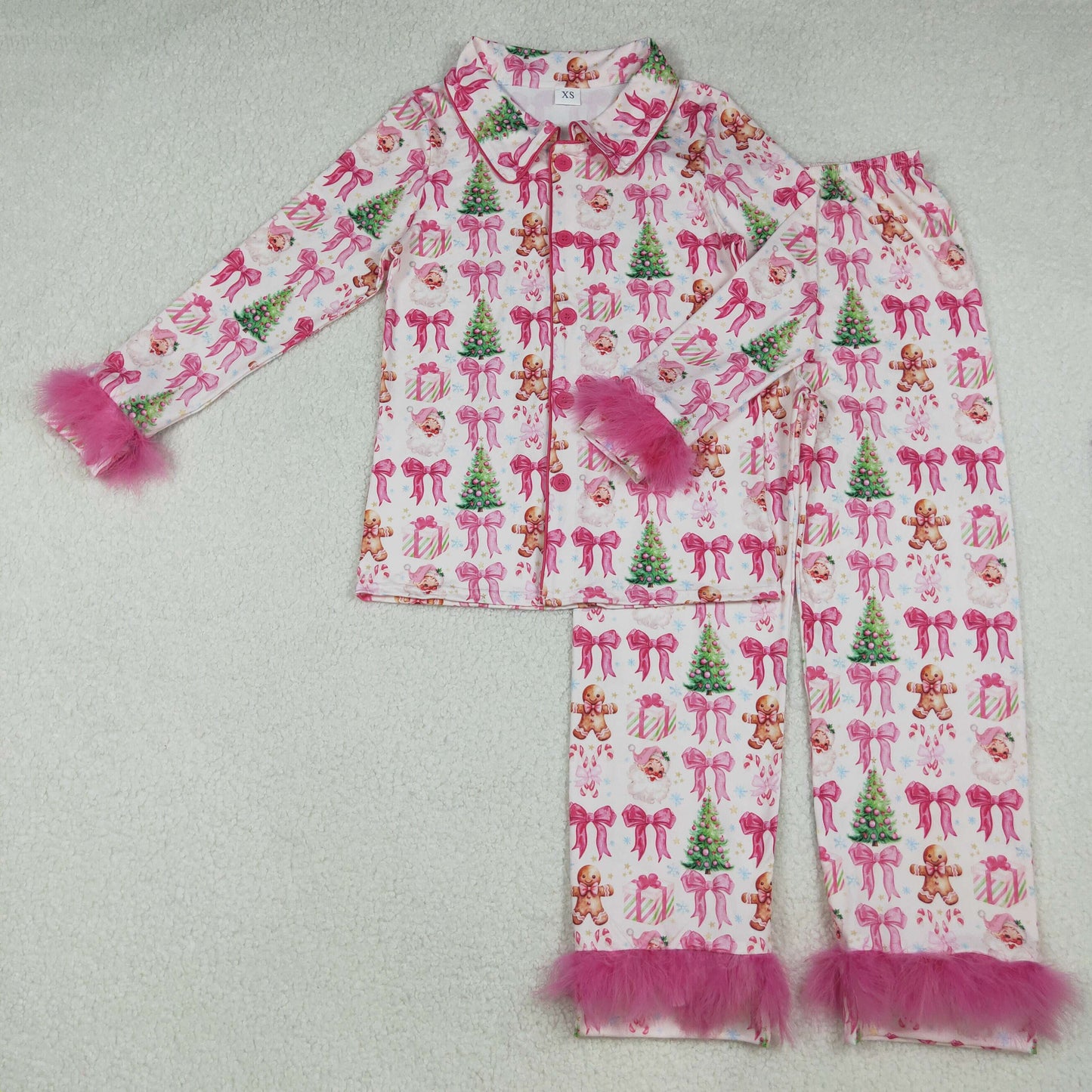 Sibling Adult Women Fur Long Sleeves Christmas Buttons Shirt Pants Pajamas Clothes Sets RTS