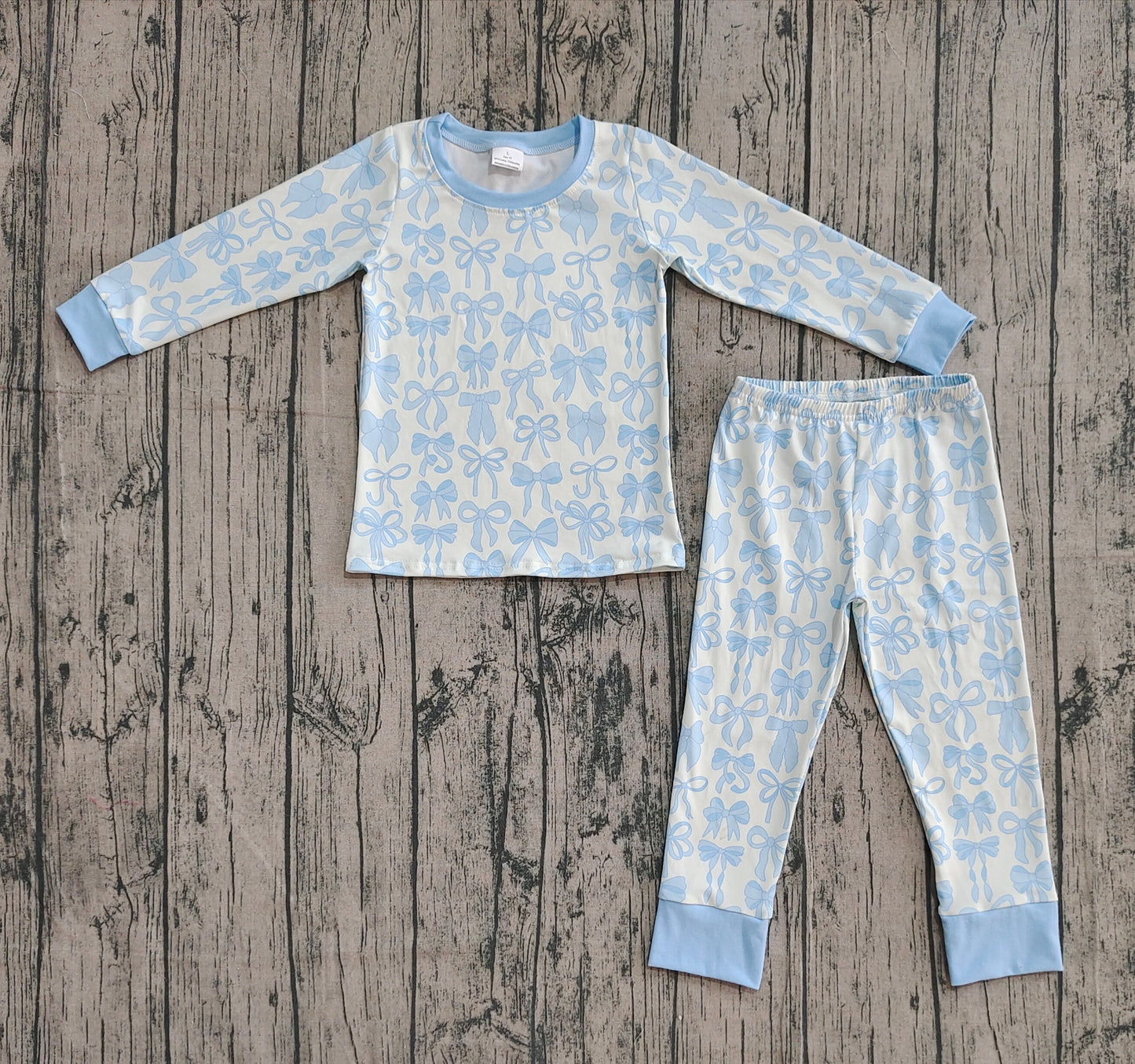 Baby Girl Long Sleeves Blue Bows Shirt Pants Pajamas Clothes Set RTS