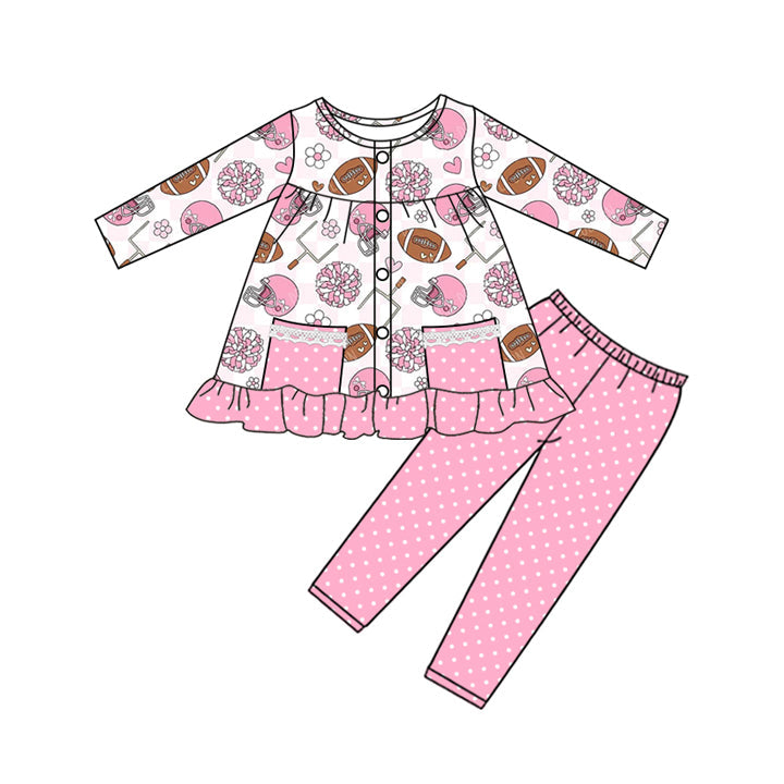 ( Moq 5 ) Preorder Baby Girl Long Sleeves Football Cheer Flower Hearts Pockets Tunic Dots Pink Pants Set
