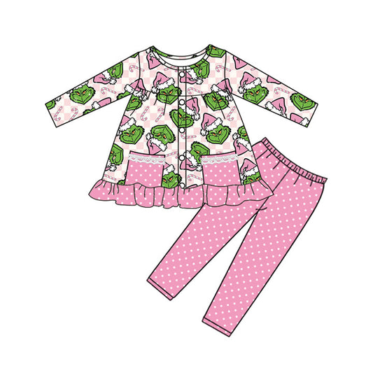 ( Moq 5 ) Preorder Baby Girl Long Sleeves Green Face Pockets Tunic Dots Pink Leggings Christmas Set