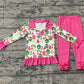 Baby Girl Long Sleeves Green Face Tree Zipper Shirt Pink Ruffle Pants Christmas Set RTS
