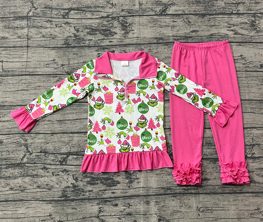 ( No moq ) Preorder Baby Girl Long Sleeves Green Face Tree Zipper Shirt Pink Ruffle Pants Christmas Set