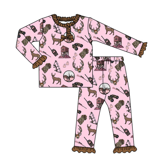 ( Moq 5 ) Preorder Kids Girl Long Sleeves Deer Dogs Hunting Shirt Pants Pink Pajamas Set