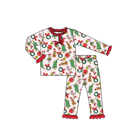 ( Moq 5 ) Preorder Baby Girl Green Face Shirt Pants Christmas Pajamas Clothes Set