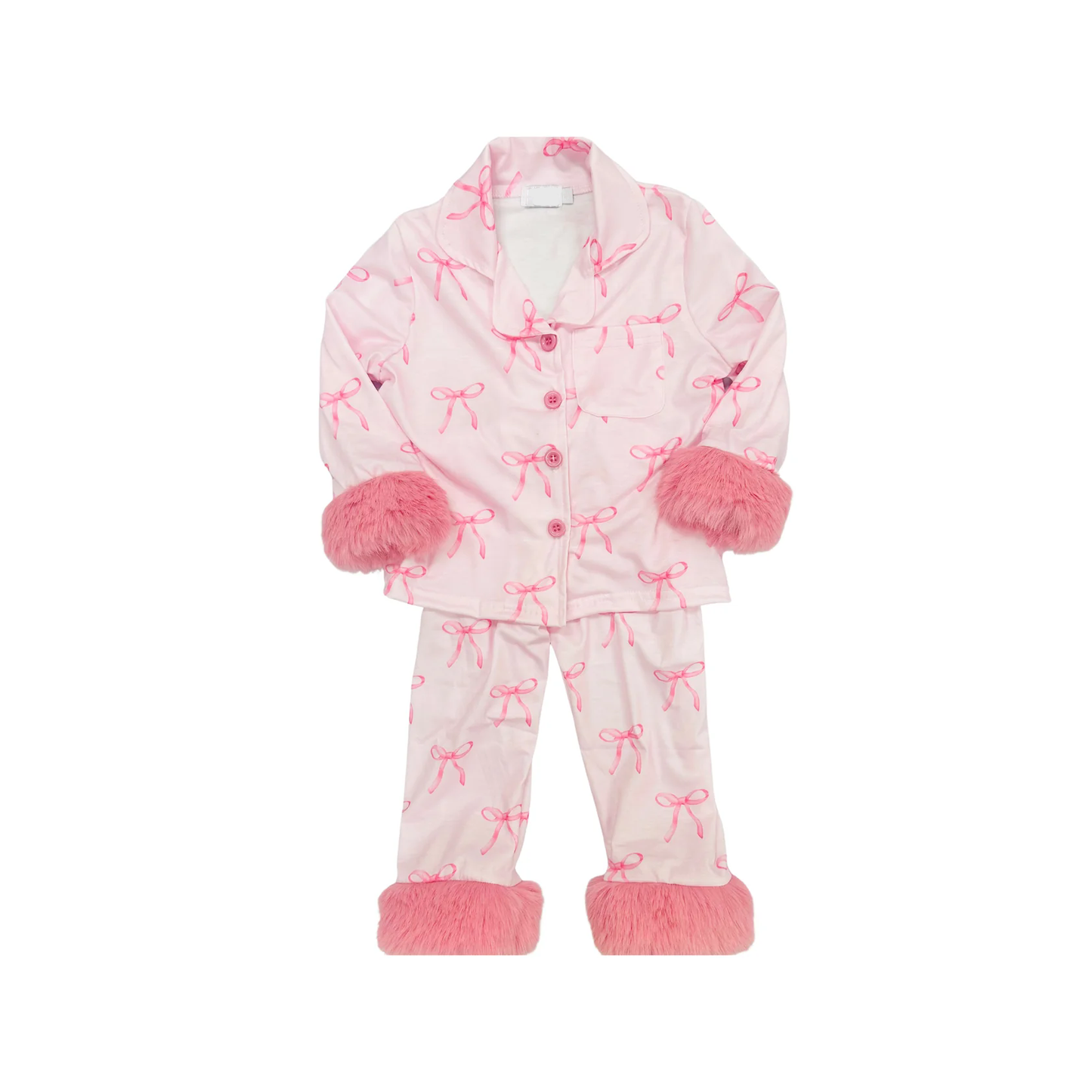 ( Moq 5 ) Preorder Baby Girl Fur Long Sleeves Pink Bows Buttons Shirt Pants Pajamas Clothes Set