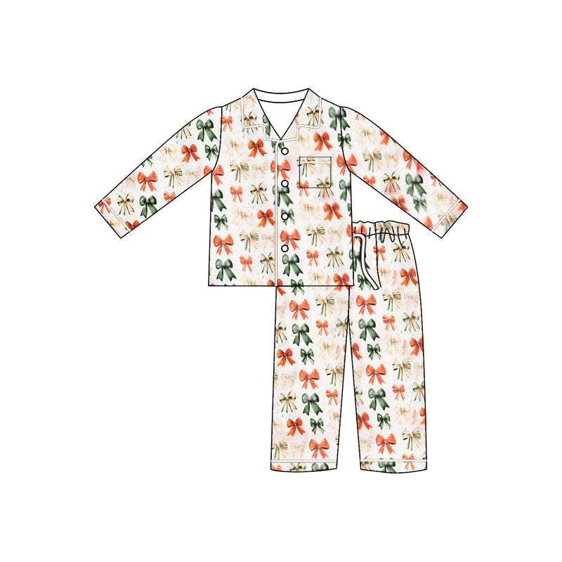 ( Moq 5 ) Preorder Girls Kids Long Sleeves Bows Buttons Shirt Pants Pajamas Set