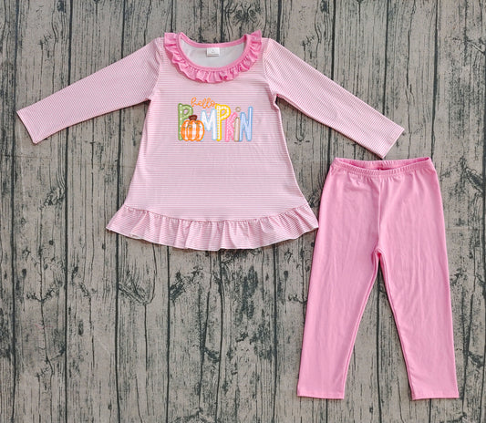 ( No moq ) Preorder Baby Girl Stripes Embroidery Pumpkin Tunic Pink Pants Set