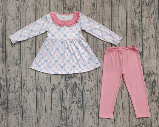 ( No moq ) Preorder Girls Kids Long Sleeves Bows Floral Tunic Pink Pants Clothes Set