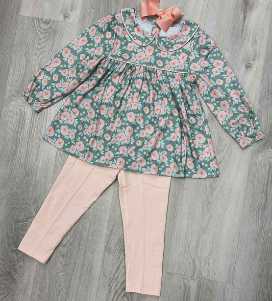 ( Moq 5 ) Preorder Girls Kids Long Sleeves Flower Tunic Leggings Pants Clothes Set