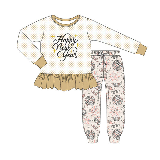 ( Moq 5 ) Preorder Girls kids Happy New Year Dots Ruffle Shirt Pockets Pants Clothes Set