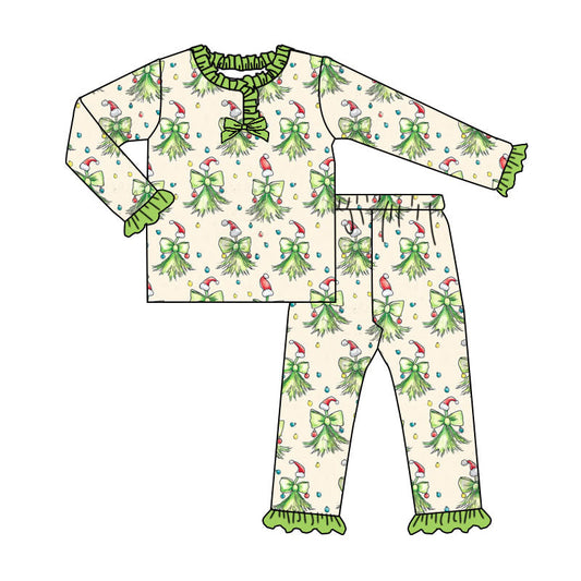 ( Moq 5 ) Preorder Girls Kids Long Sleeves Green Bows Shirt Pants Pajamas Set