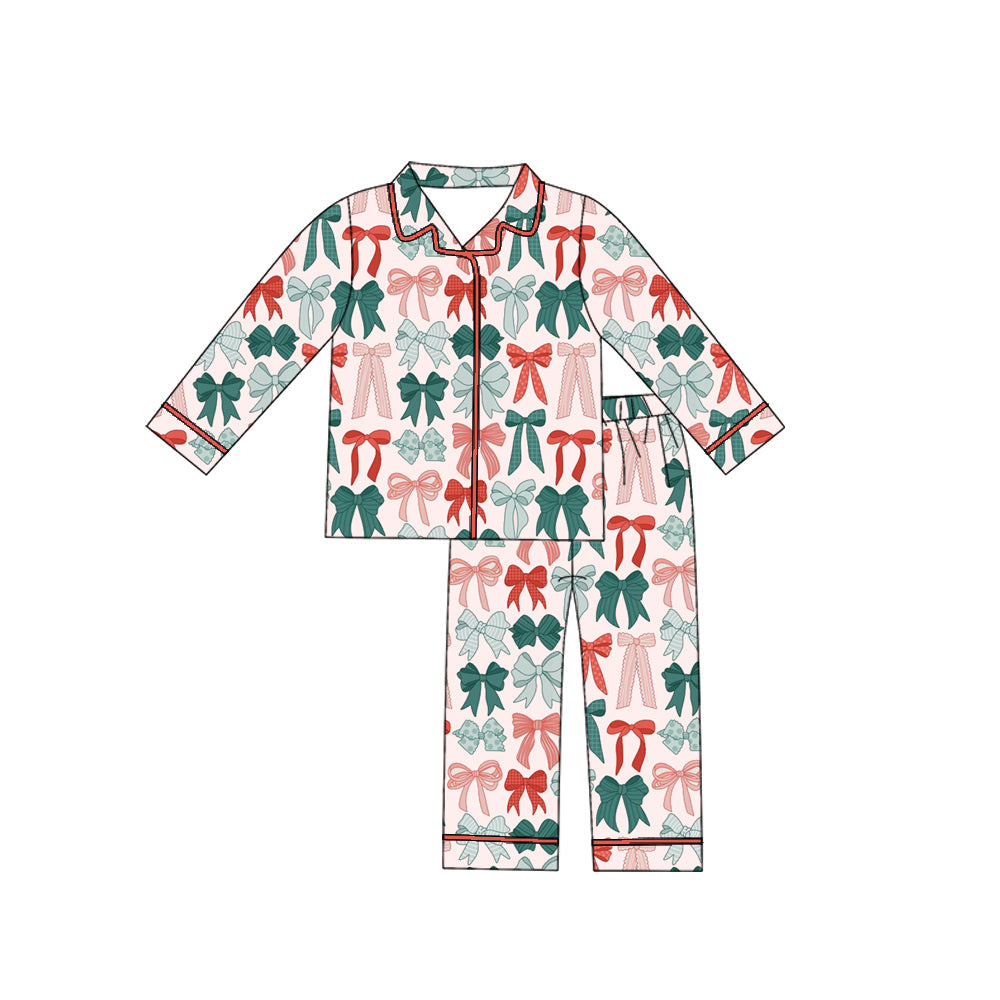 ( Moq 5 ) Preorder Girls Kids Long Sleeves Bows Buttons Shirt Pants Christmas Pajamas Clothes Set