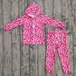 Girls Kids Long Sleeves Pink Leopard Hoodie Zipper Shirt Pockets Pants Clothes Set RTS