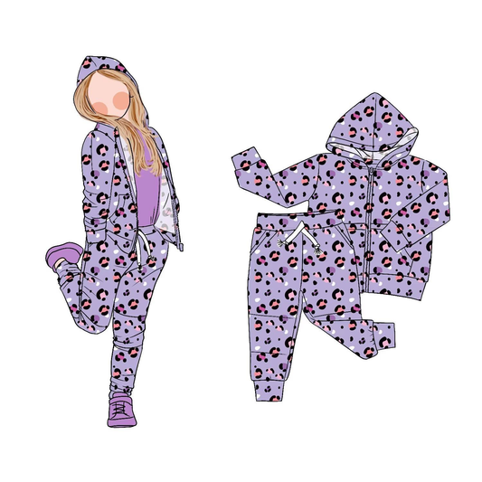 ( Moq 5 ) Preorder Girls Kids Purple Leopard Hoodie Zipper Shirt Pockets Pants Clothes Set