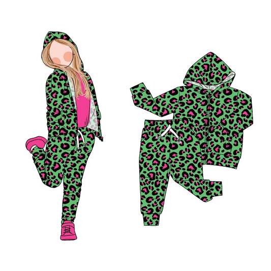 ( Moq 5 ) Preorder Girls Kids Green Leopard Hoodie Zipper Shirt Pockets Pants Clothes Set