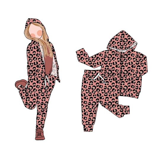( Moq 5 ) Preorder Girls Kids Leopard Hoodie Zipper Shirt Pockets Pants Clothes Set