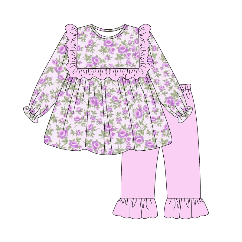 ( Moq 5 ) Preorder Girls Kids Long Sleeves Floral Ruffle Tunic Purple Cotton Pants Set