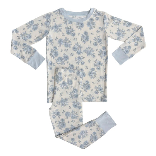 ( Moq 5 ) Preorder Girls Kids Long Sleeves Blue Flower Shirt Pants Pajamas Clothes Set