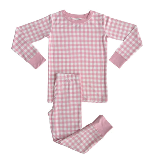 ( Moq 5 ) Preorder Girls Kids Long Sleeves Pink Plaid Shirt Pants Pajamas Clothes Set