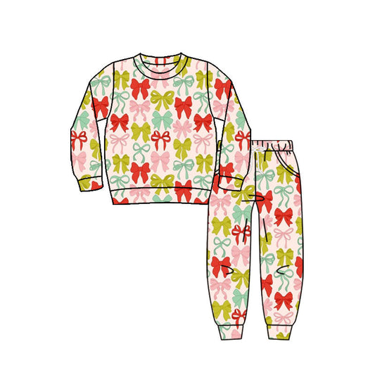 ( Moq 5 ) Preorder Girls Kids Long Sleeves Christmas Bows Shirt Pockets Pants Clothes Set
