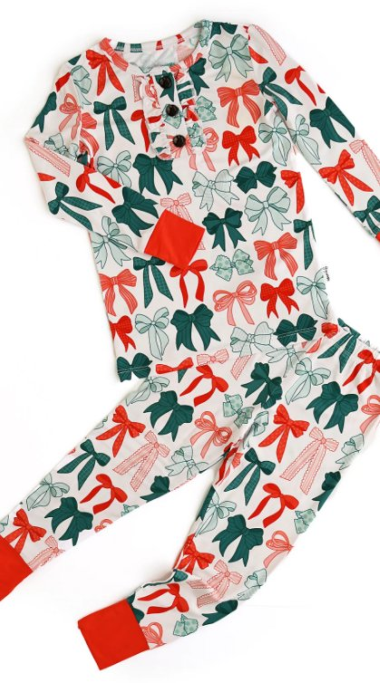 (Moq 5 ) Preorder Girls Kids Christmas Bows Shirt Pants Pajamas Clothes Set