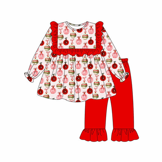 (Moq 5 ) Preorder Girls Kids Christmas Lights Ruffle Tunic Red Cotton Pants Clothes Set