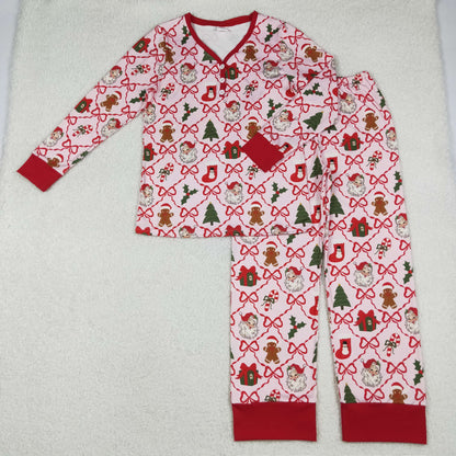 Sibling Baby Girls Adult Woman Gingerbread Bows Santa Christmas Romper Pajamas Clothes Set RTS