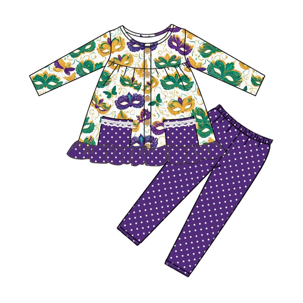 ( Moq 5 ) Preorder Girls Kids Masks Pockets Tunic Purple Dots Pants Mardi Gras Clothes Set
