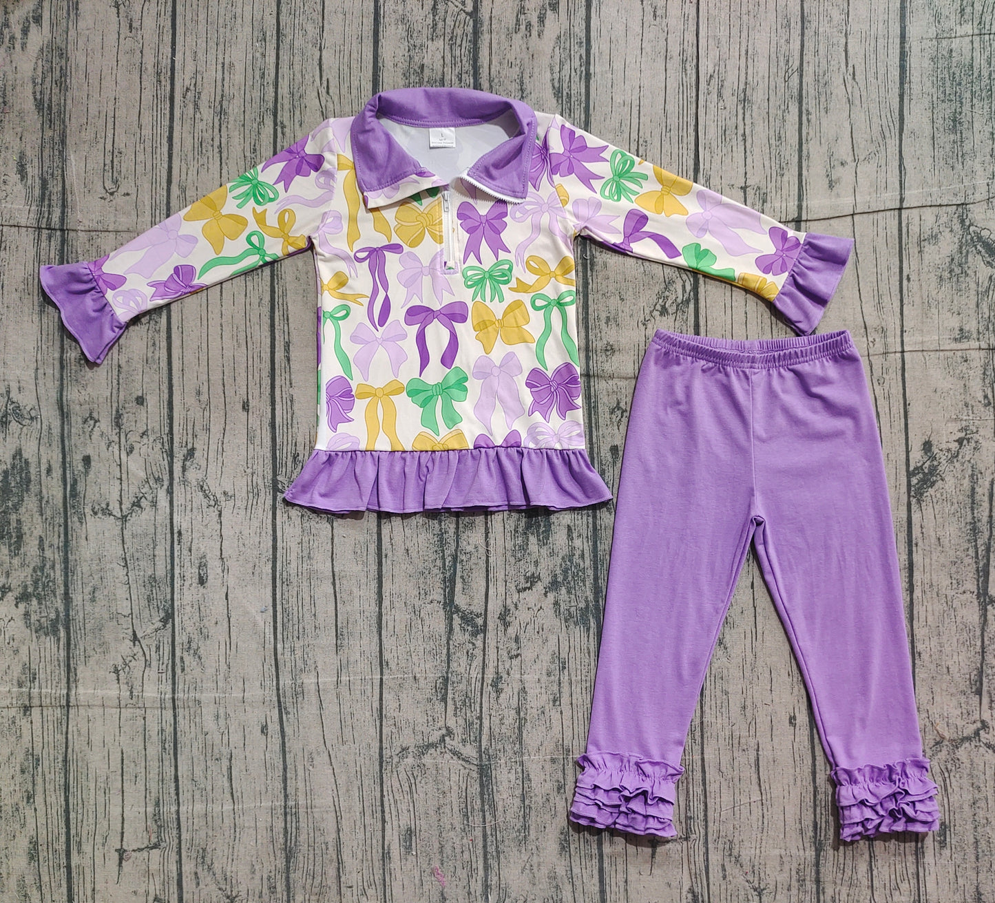 Baby Girls Kids Bows Zipper Pullover Shirt Purple Pants Mardi Gras Clothes Set RTS