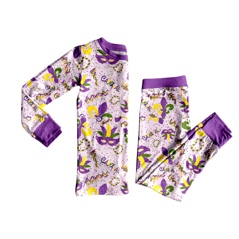 ( Moq 5 ) Girls Kids Long Sleeves Mardi Gras Shirt Pants Purple Pajamas Clothes Set