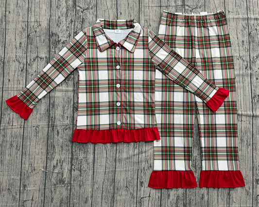( No moq ) Preorder Adult Woman Christmas Plaid Buttons Shirt Pants Pajamas Clothes Set