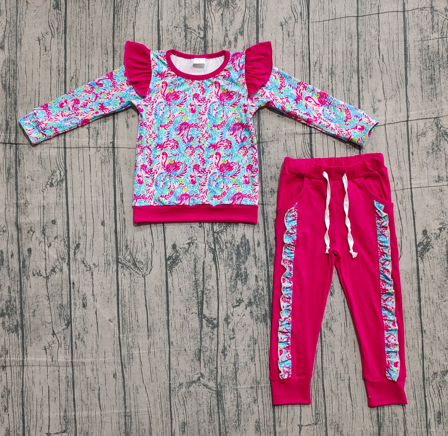 Baby Girls Kids Long Sleeves Flower Ruffle Shirt Pockets Pink Pants Clothes Set RTS