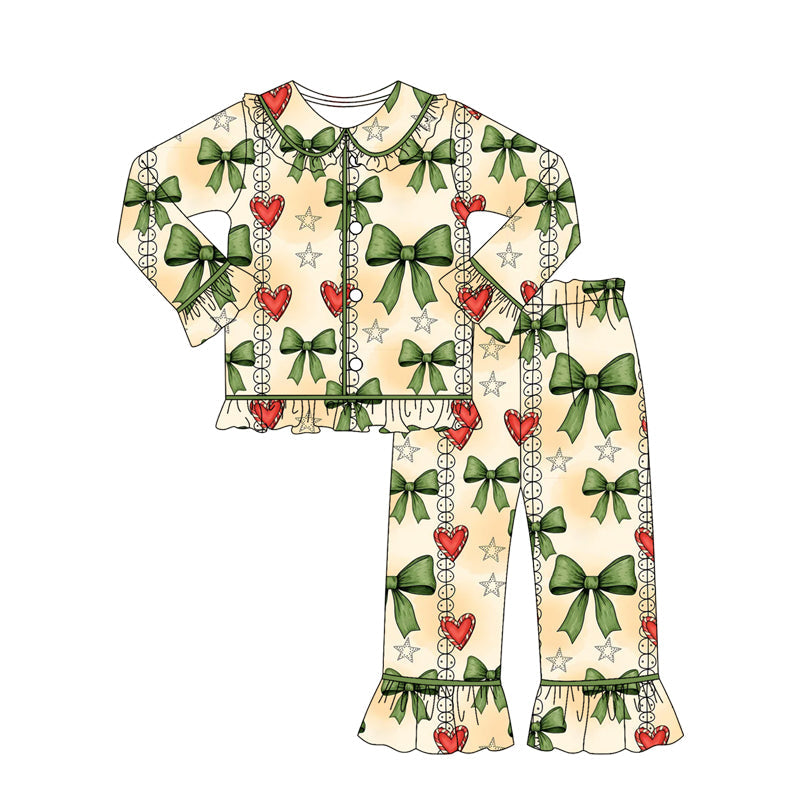 ( Moq 5 ) Preorder Girls Kids Valentine's Bows Hearts Buttons Shirt Pants Pajamas Clothes Set