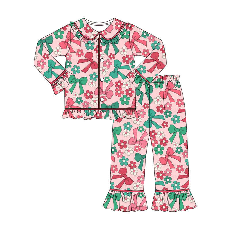 ( Moq 5 ) Preorder Girls Kids Long Sleeves Bows Flower Buttons Shirt Pants Pajamas Clothes Set