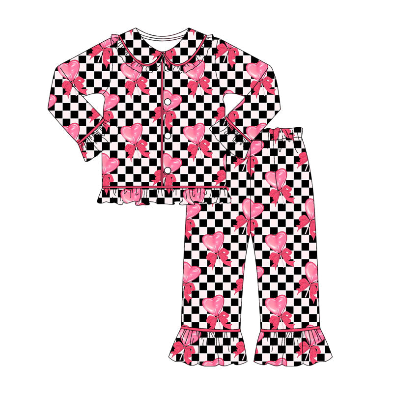 ( Moq 5 ) Preorder Girls Kids Valentine's Hearts Bows Checked Buttons Shirt Pants Pajamas Set