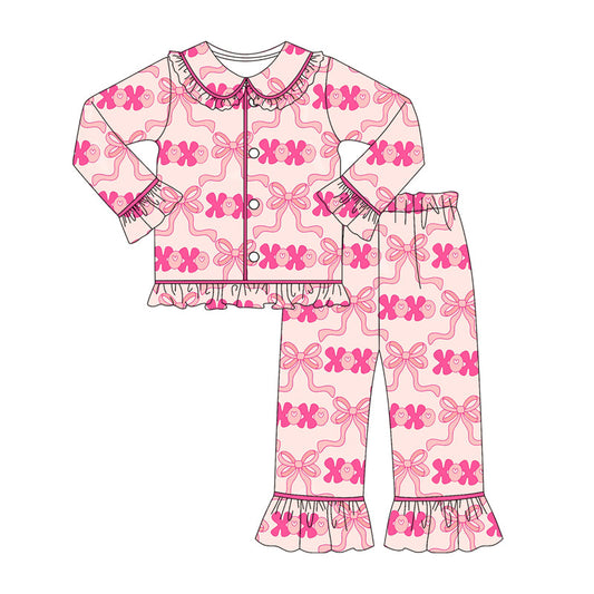 ( Moq 5 ) Preorder Girls Kids Valentine's Hearts Bows Buttons Shirt Pants Pajamas Clothes Set