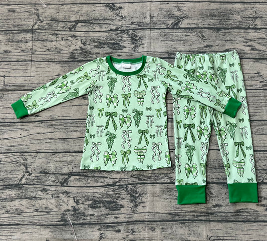 ( No moq ) Preorder Girls Kids Green Bows Shirt Pants St. Patrick's Day Pajamas Clothes Set