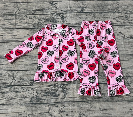 ( No moq ) Preorder Girls Kids Hearts Buttons Shirt Pants Valentine's Day Pajamas Clothes Set